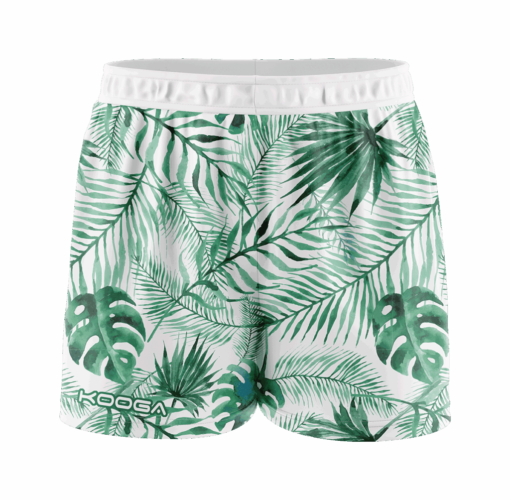 Shorts with a leafy design featuring various tropical leaves