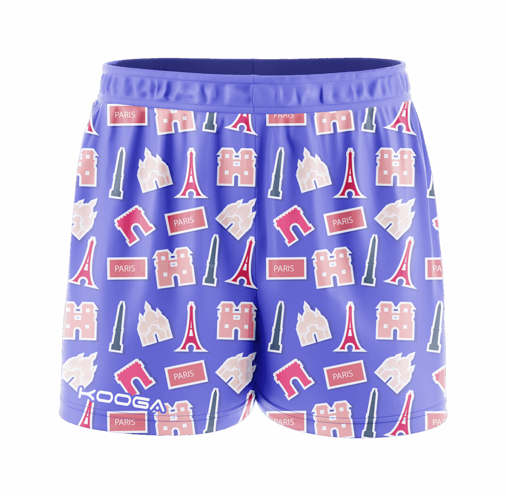 Shorts with a Paris-themed design showcasing iconic landmarks such as the Eiffel Tower,
