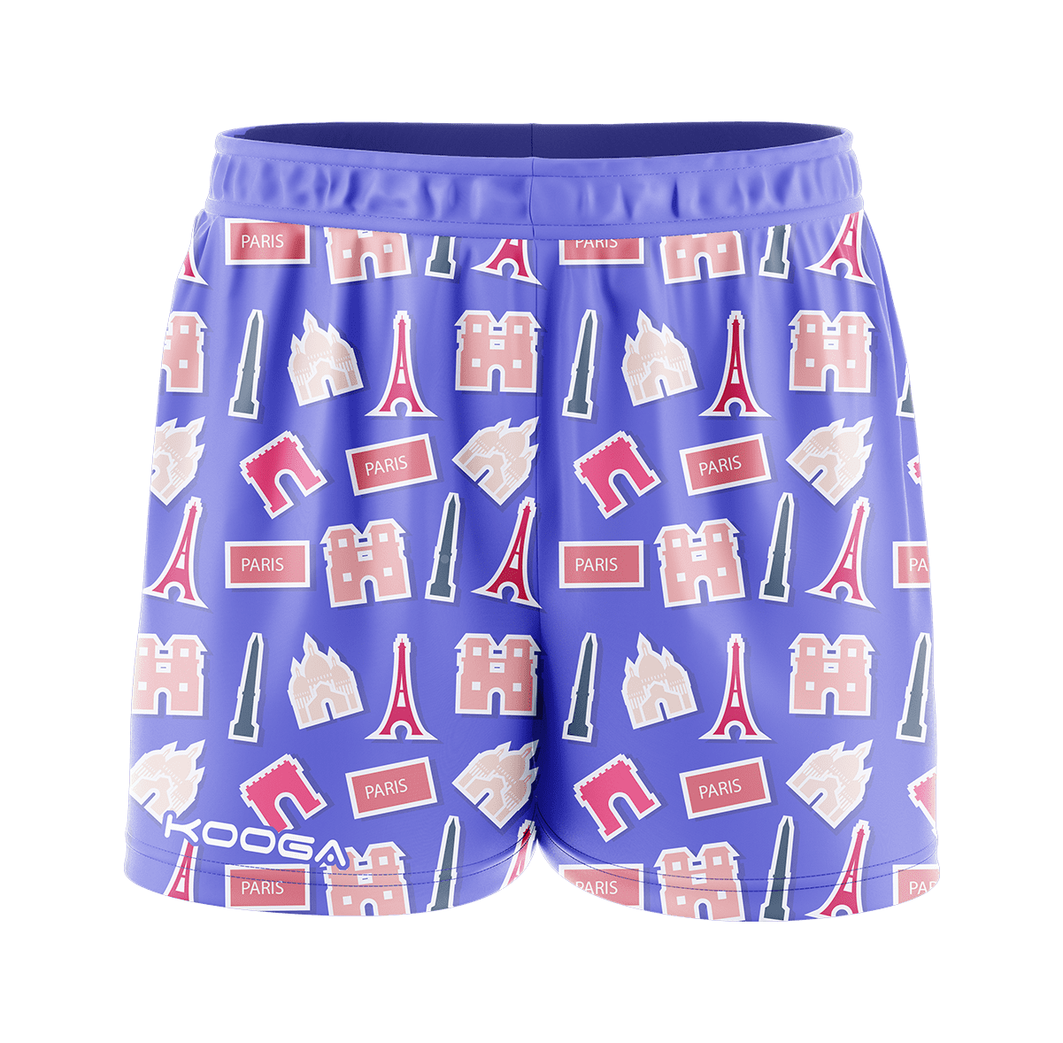 Shorts with a Paris-themed design showcasing iconic landmarks such as the Eiffel Tower,