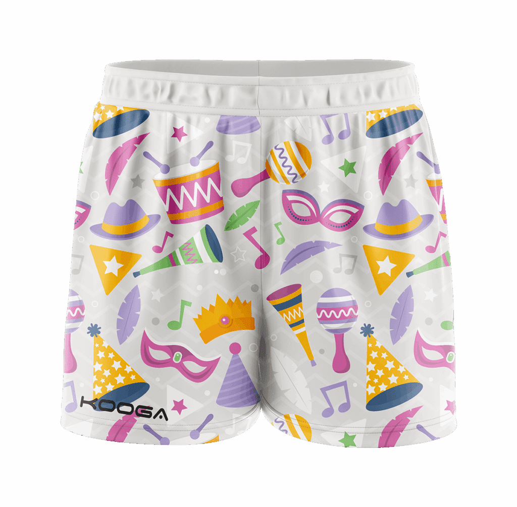 Festive party-themed shorts with a colorful design