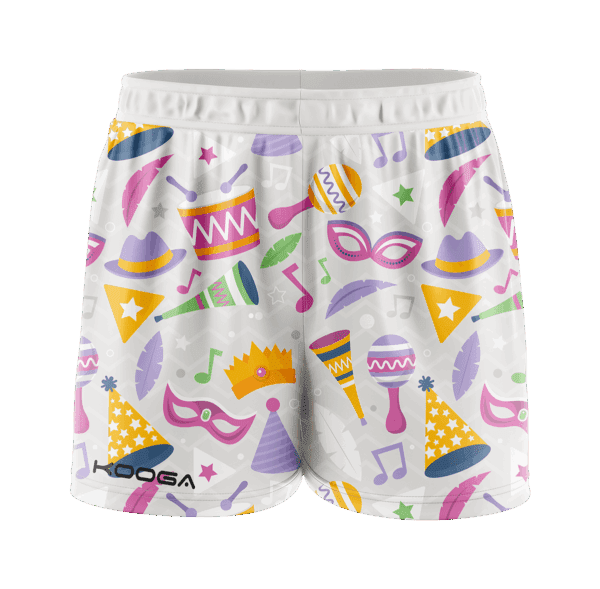 Festive party-themed shorts with a colorful design