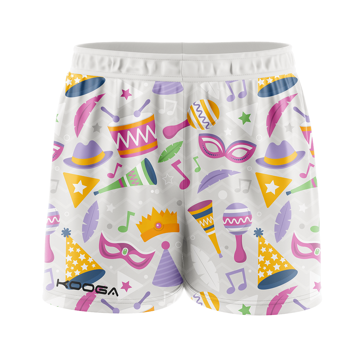 Festive party-themed shorts with a colorful design